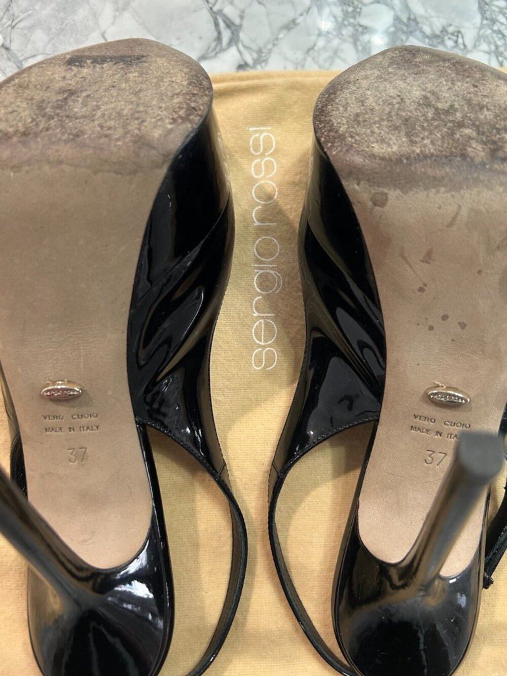 SERGIO ROSSI Black Patent Leather Platform Slingback Sandals Almond Peep Toe - Picture 4 of 8